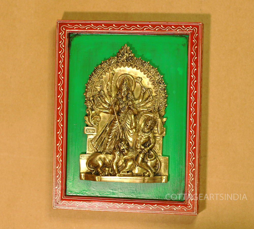 Brass Durga Mahishasura in Wooden Frame