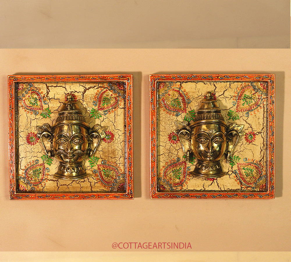 Brass Shiva & Gauri Mukhlingam Wooden Frame