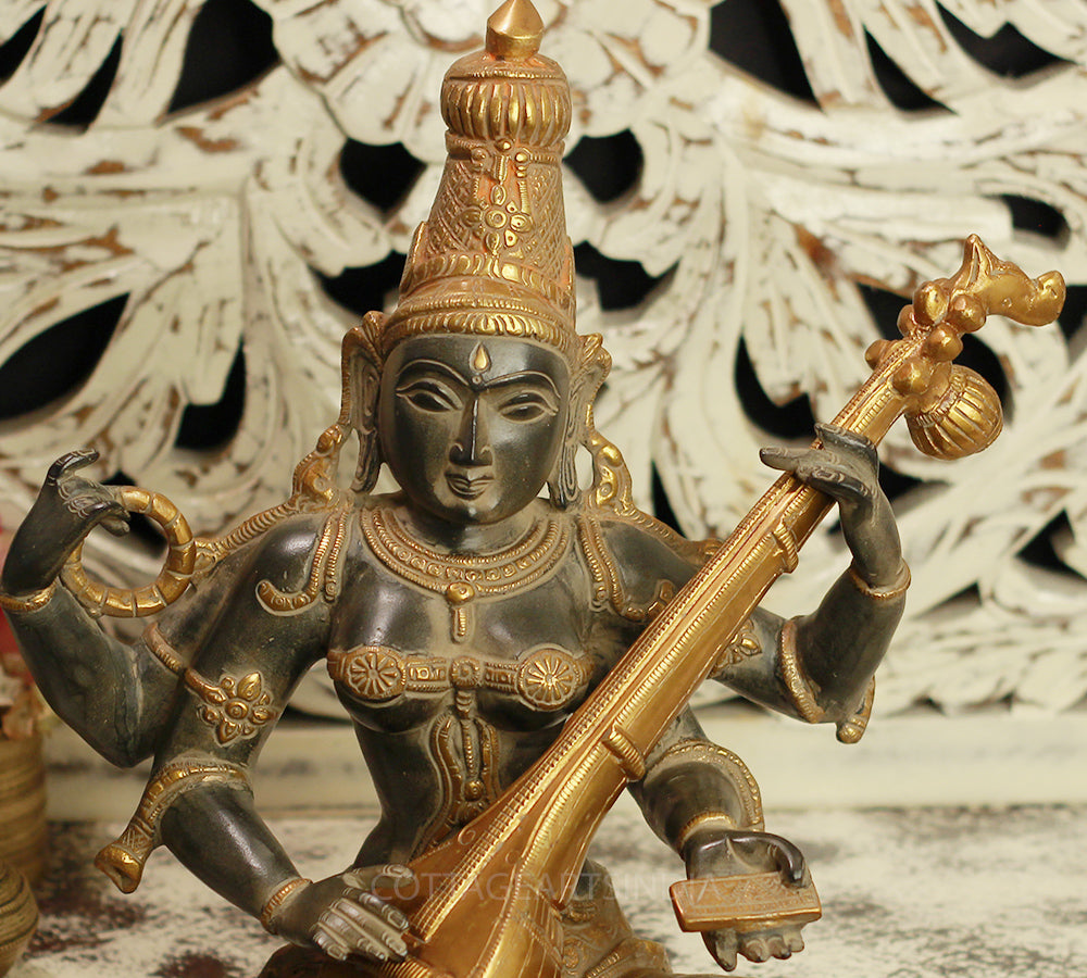 Brass Saraswati Antique Black and Gold