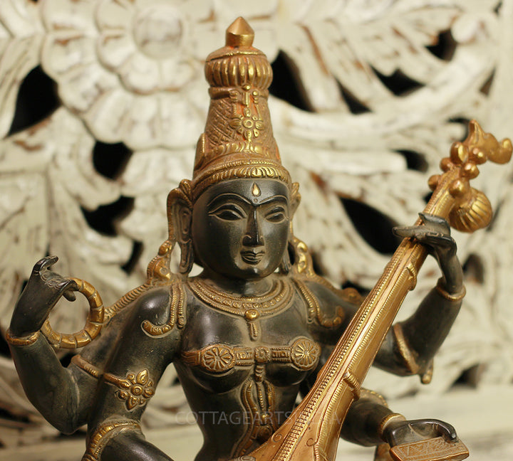 Brass Saraswati Antique Black and Gold