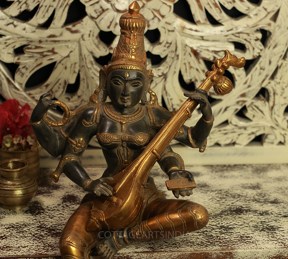 Brass Saraswati Antique Black and Gold