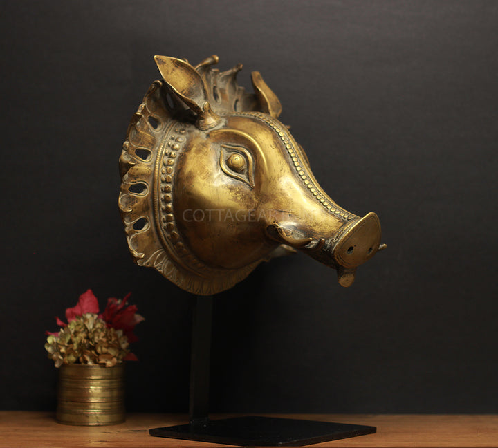 Brass Antique Finish Varaha Mask on Stand