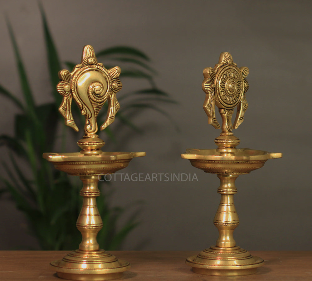 Brass Shankh Chakra Oil Lamp-Pair