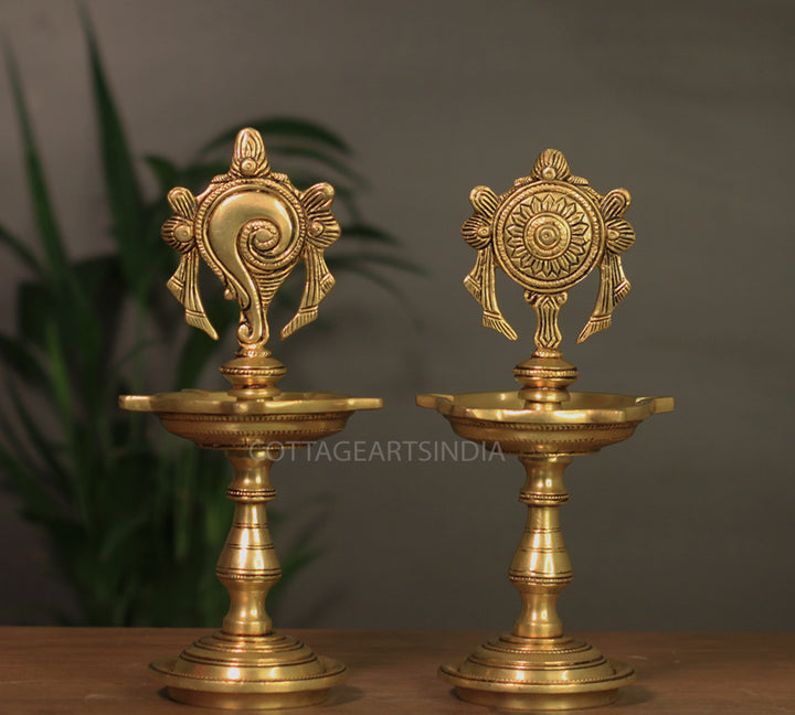 Brass Shankh Chakra Oil Lamp-Pair