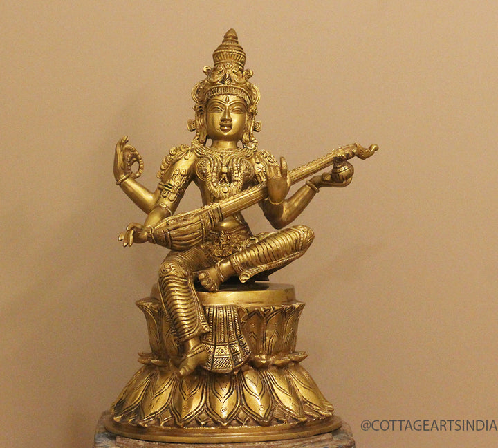 Brass Saraswati on Lotus Fine Carving 15"