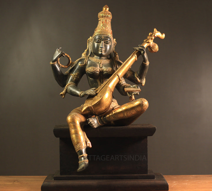 Brass Saraswati Antique Black and Gold