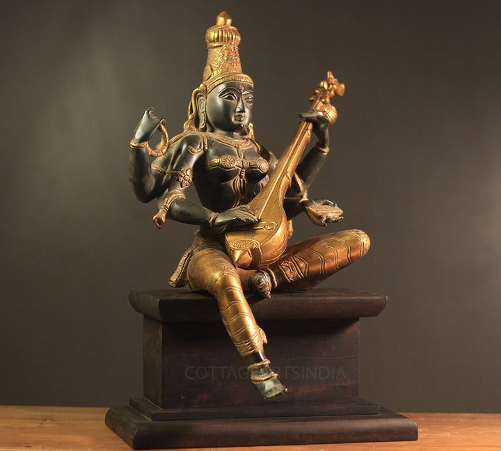 Brass Saraswati Antique Black and Gold