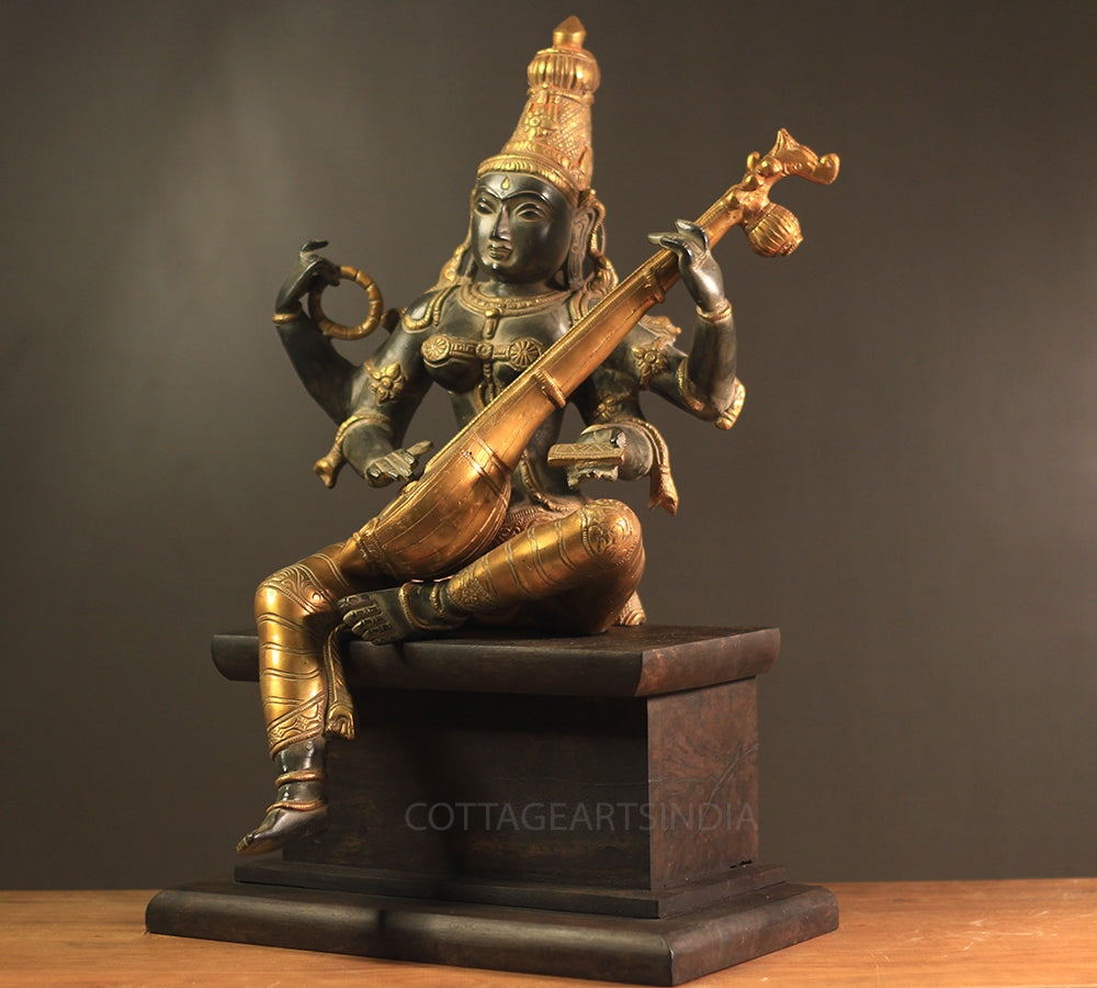 Brass Saraswati Antique Black and Gold