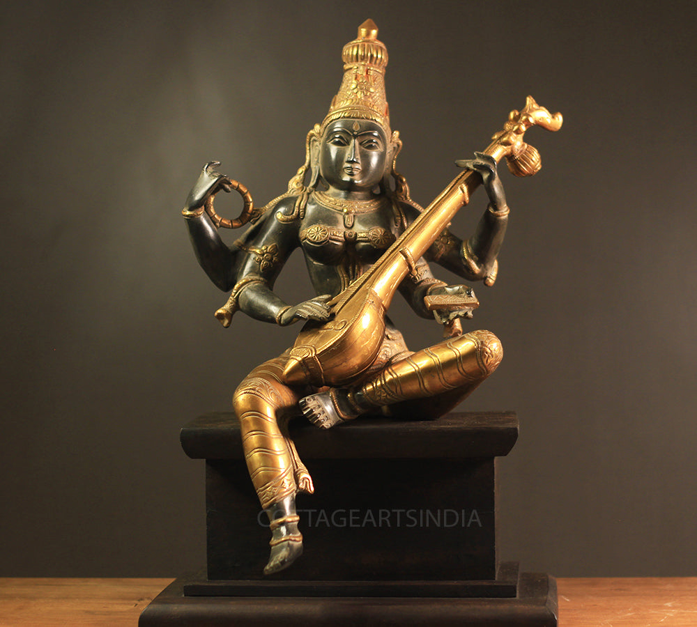 Brass Saraswati Antique Black and Gold