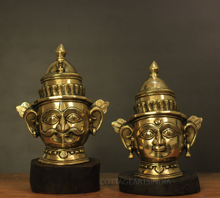 Brass Shiva And Gauri Mukhlingam Mask With Wooden Base