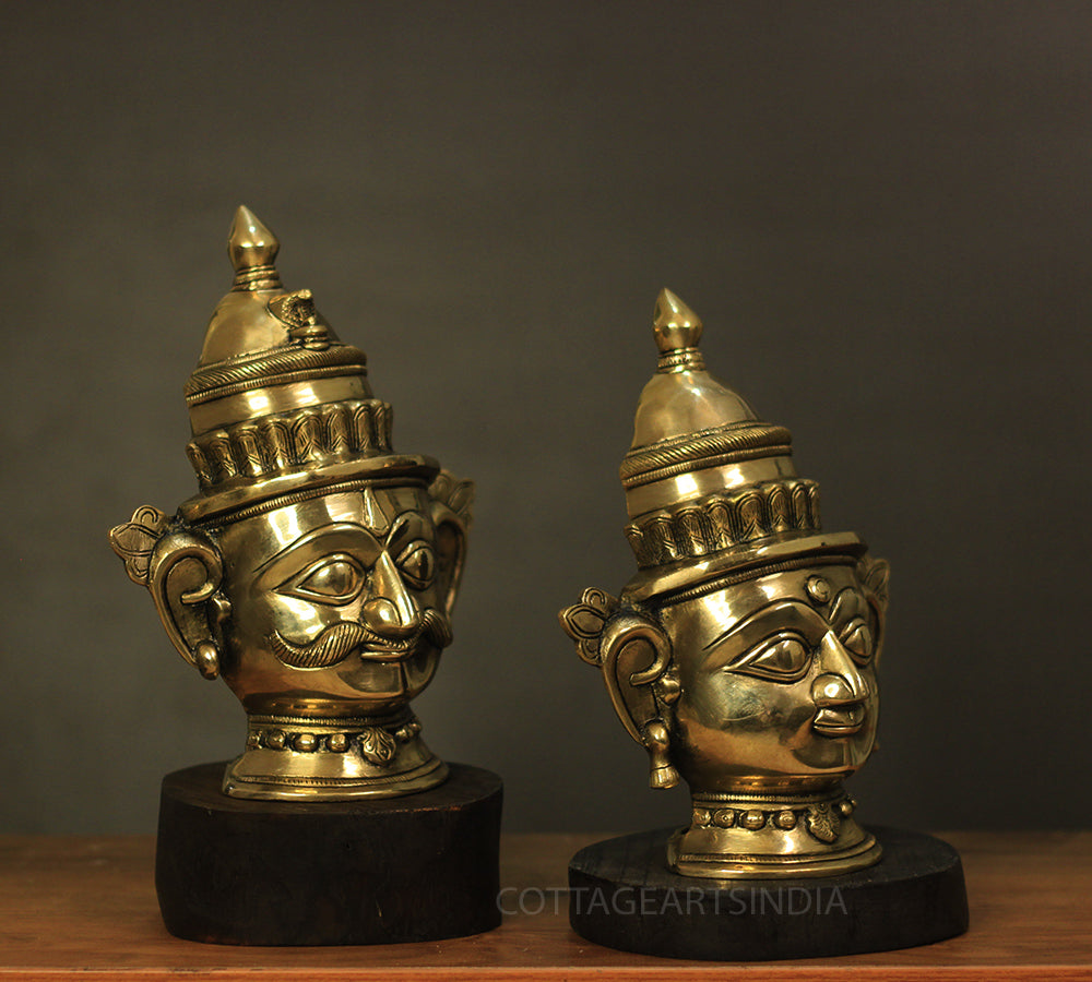 Brass Shiva And Gauri Mukhlingam Mask With Wooden Base