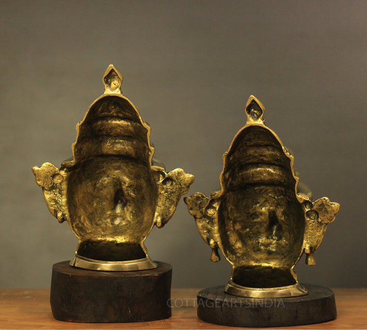 Brass Shiva And Gauri Mukhlingam Mask With Wooden Base