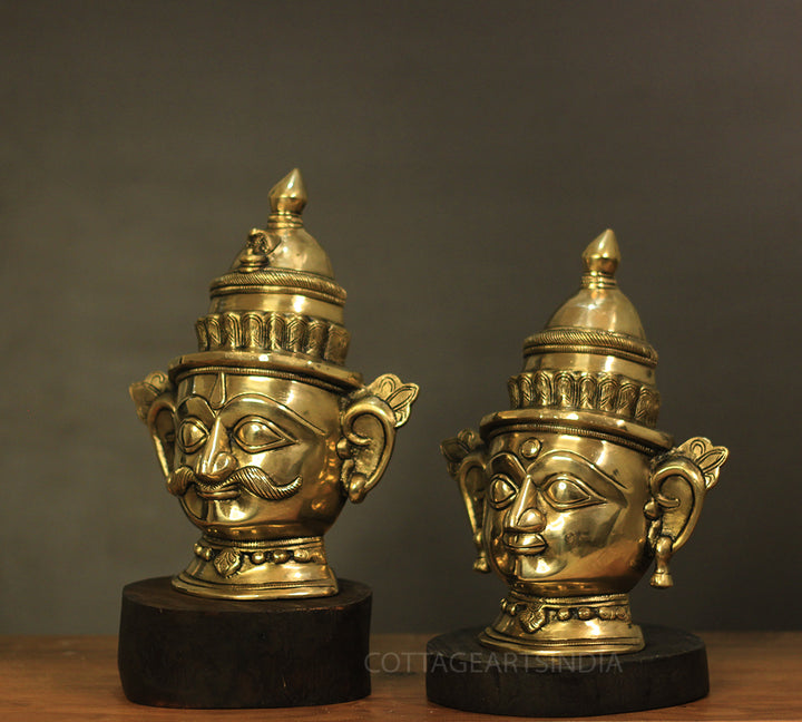 Brass Shiva And Gauri Mukhlingam Mask With Wooden Base