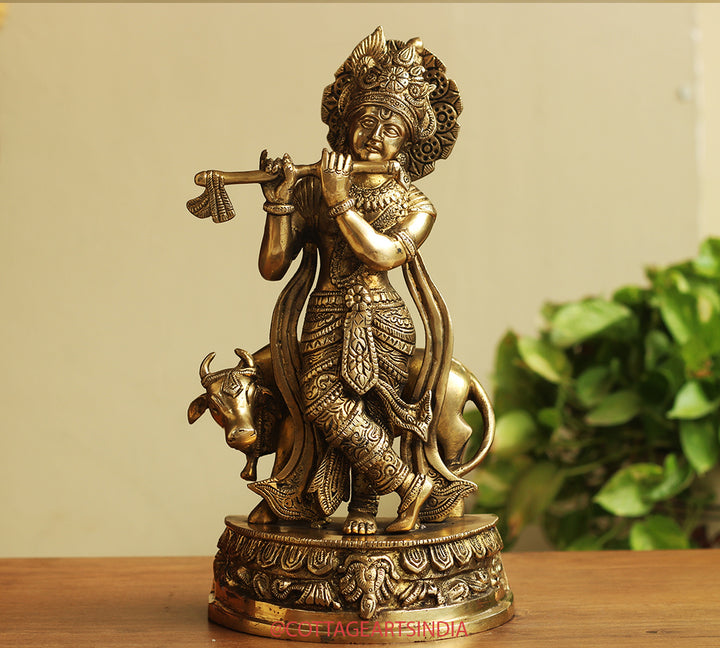 Brass Cow n Krishna 14"