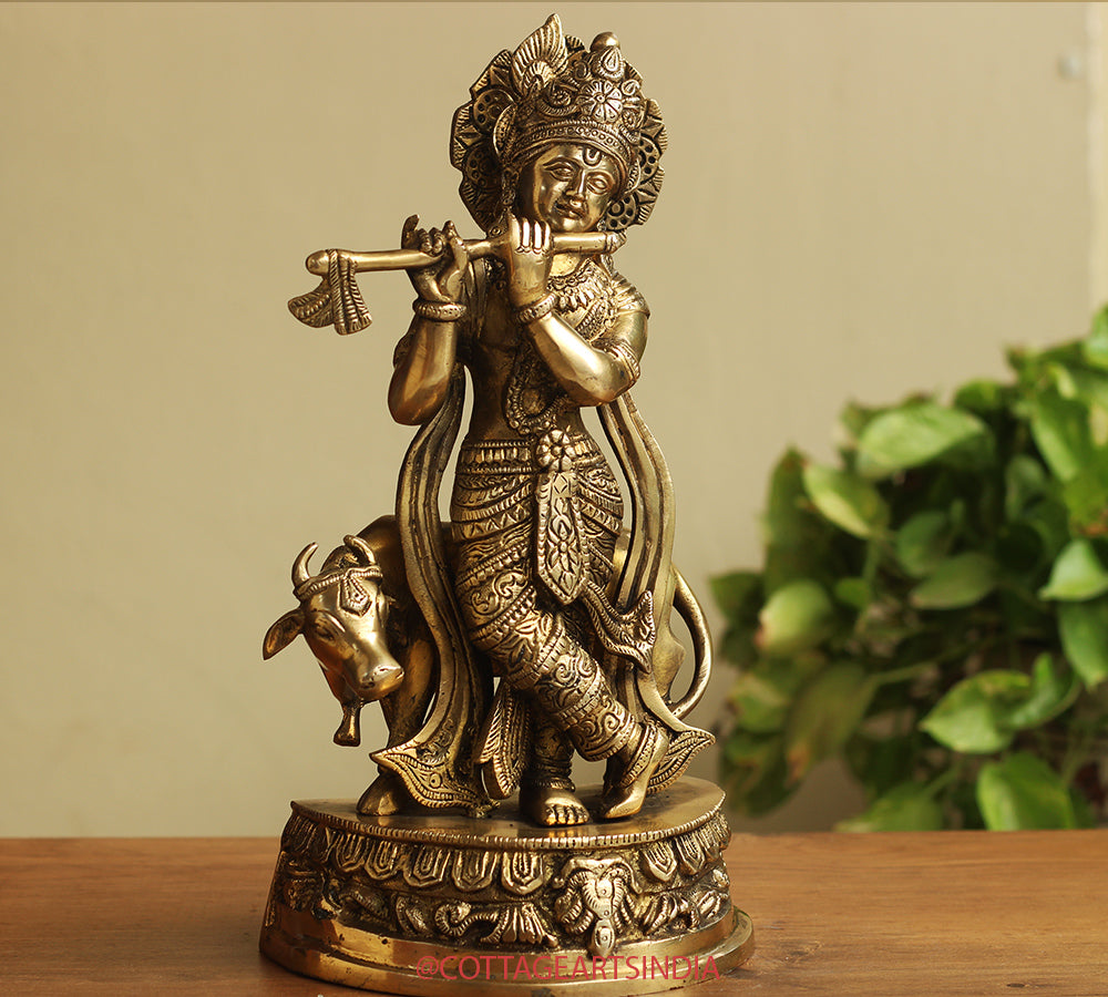 Brass Cow n Krishna 14"