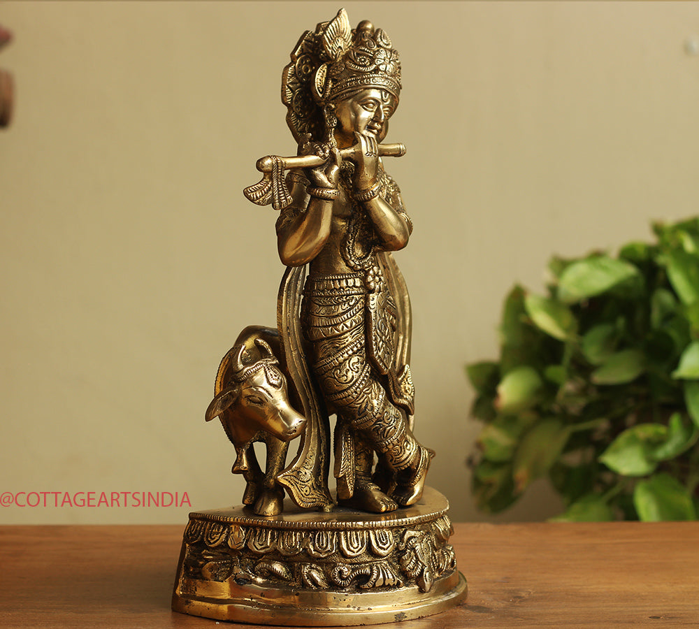 Brass Cow n Krishna 14"