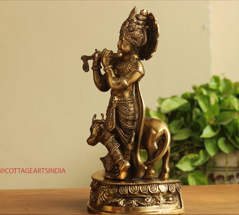 Brass Cow n Krishna 14"