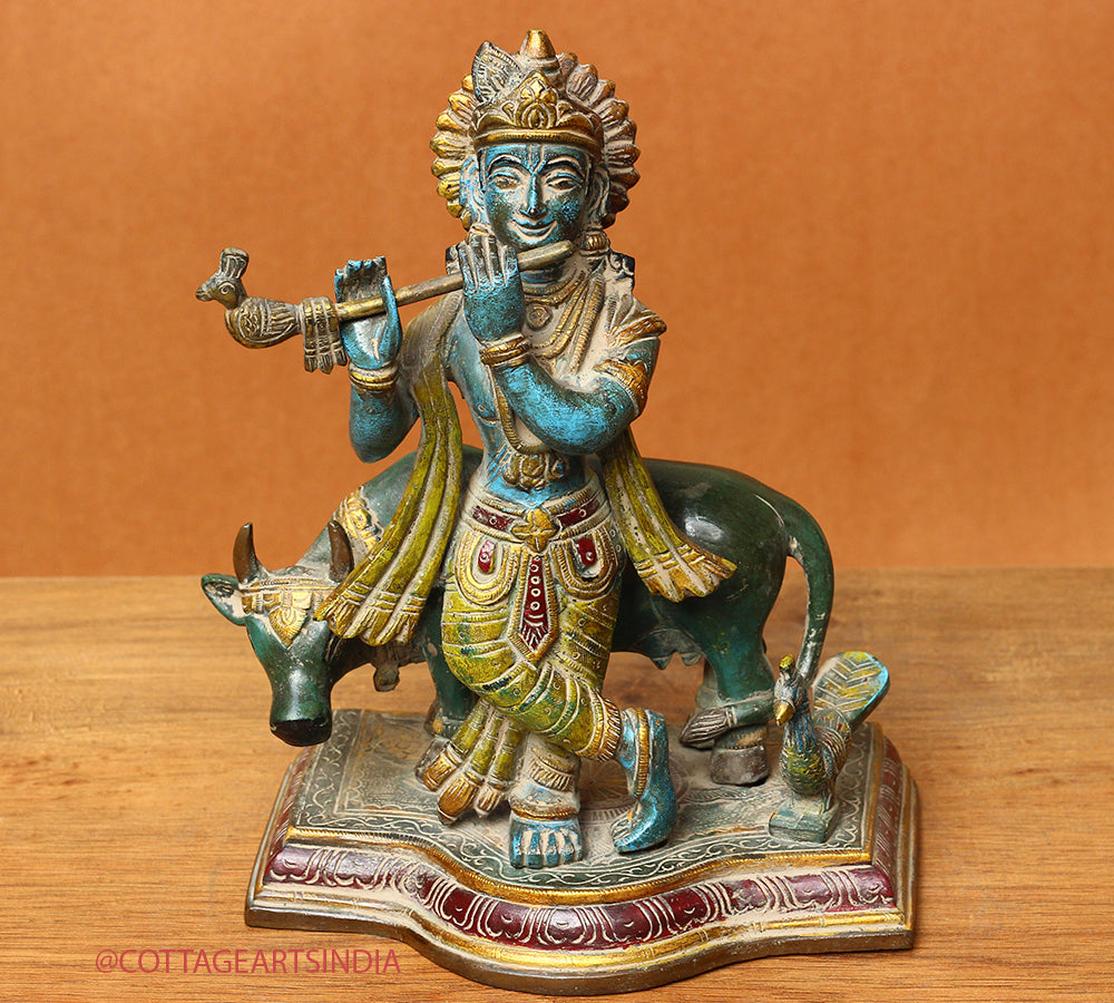 Brass Cow n Krishna Painting 8"