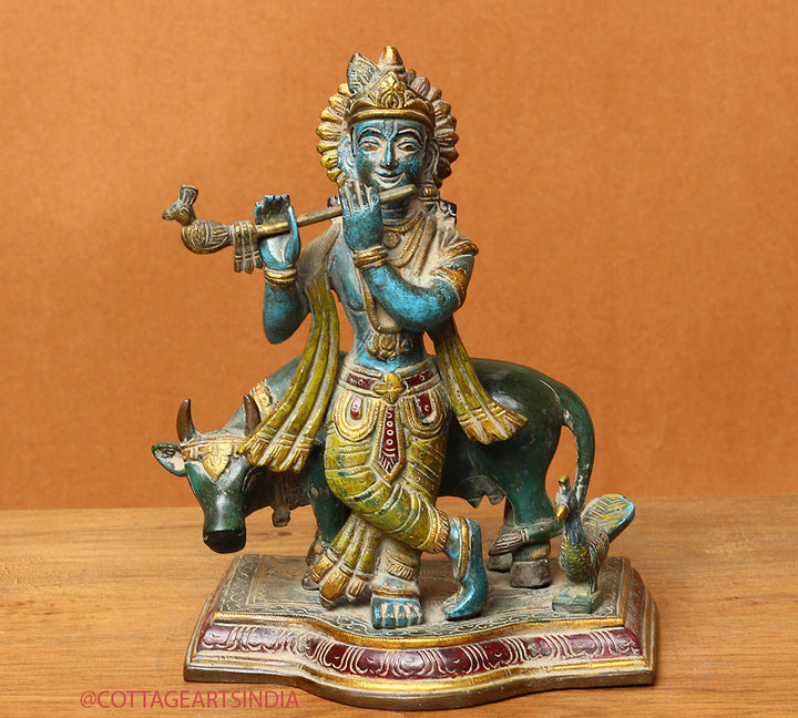 Brass Cow n Krishna Painting 8"