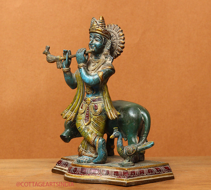 Brass Cow n Krishna Painting 8"