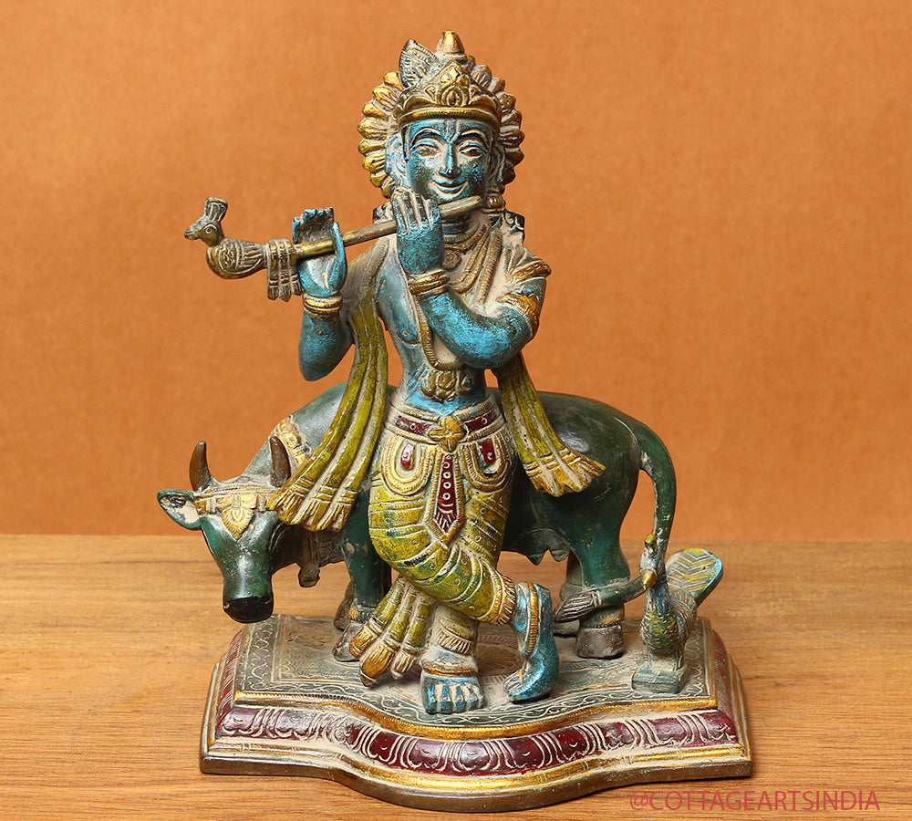 Brass Cow n Krishna Painting 8"