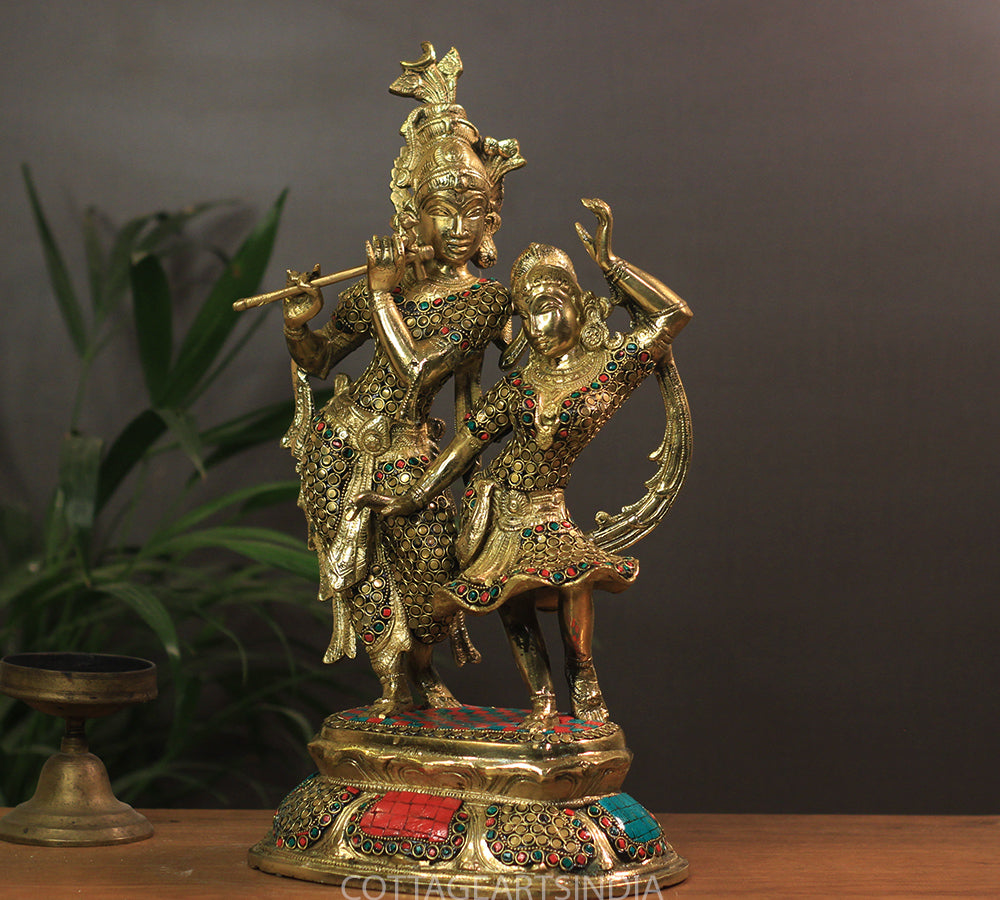 Brass Radha Krishna Stonework 16"