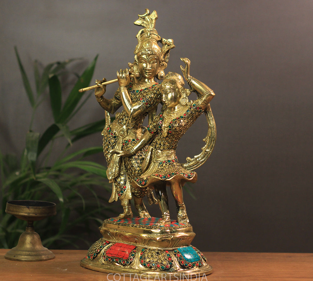 Brass Radha Krishna Stonework 16"