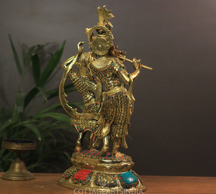 Brass Radha Krishna Stonework 16"