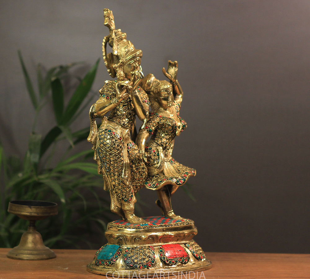 Brass Radha Krishna Stonework 16"