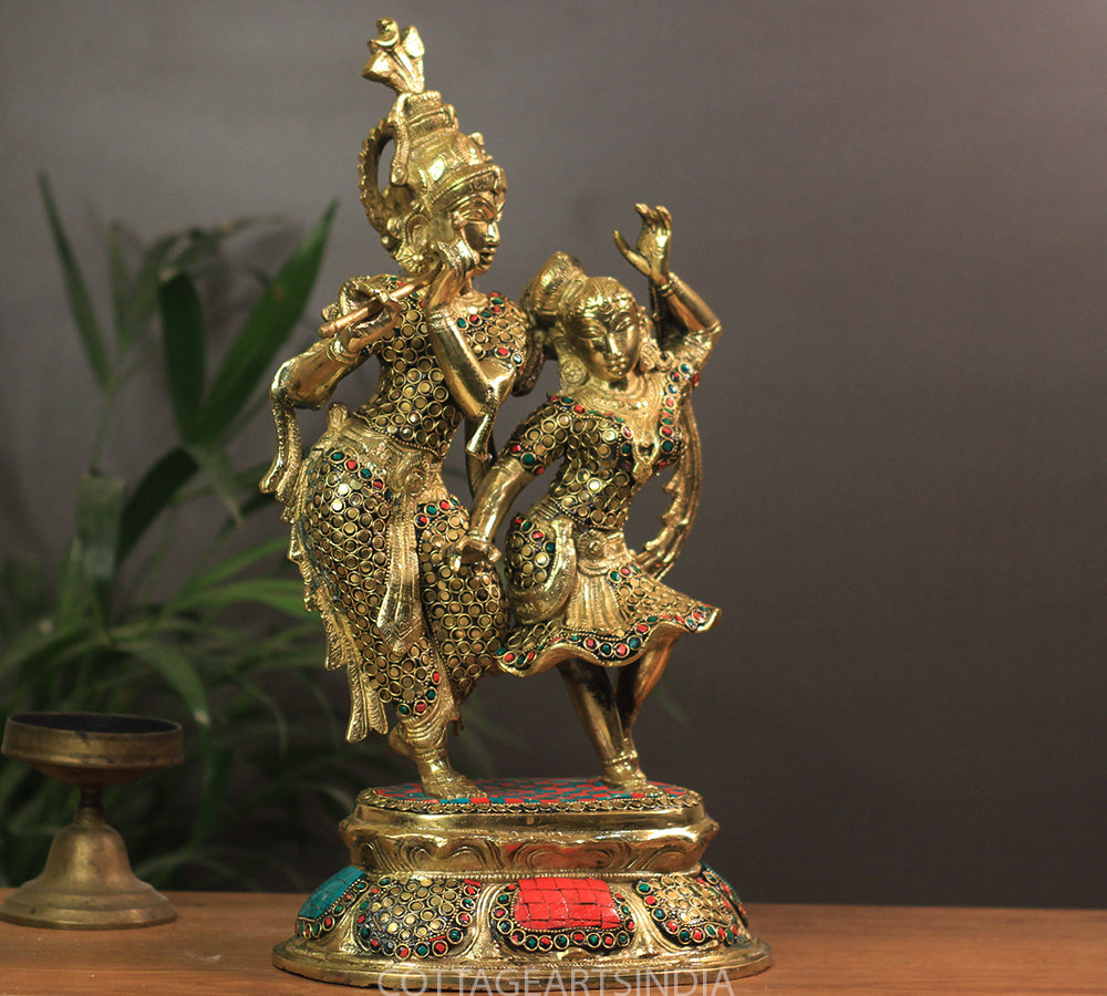 Brass Radha Krishna Stonework 16"