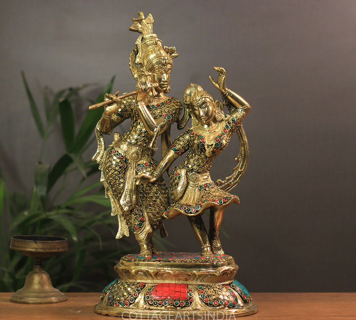 Brass Radha Krishna Stonework 16"