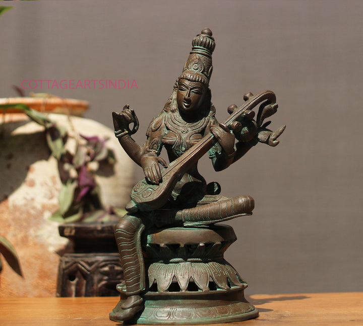 Brass Saraswati in Bronze Finish 13"