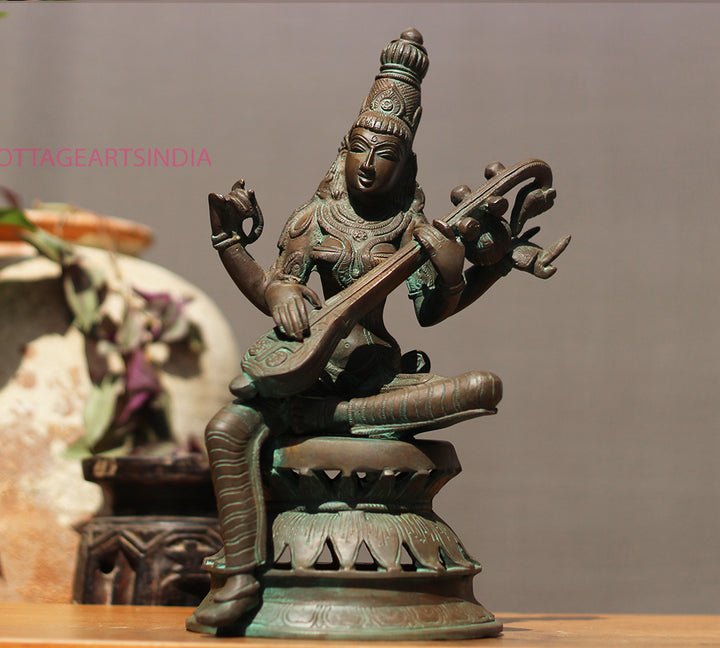 Brass Saraswati in Bronze Finish 13"