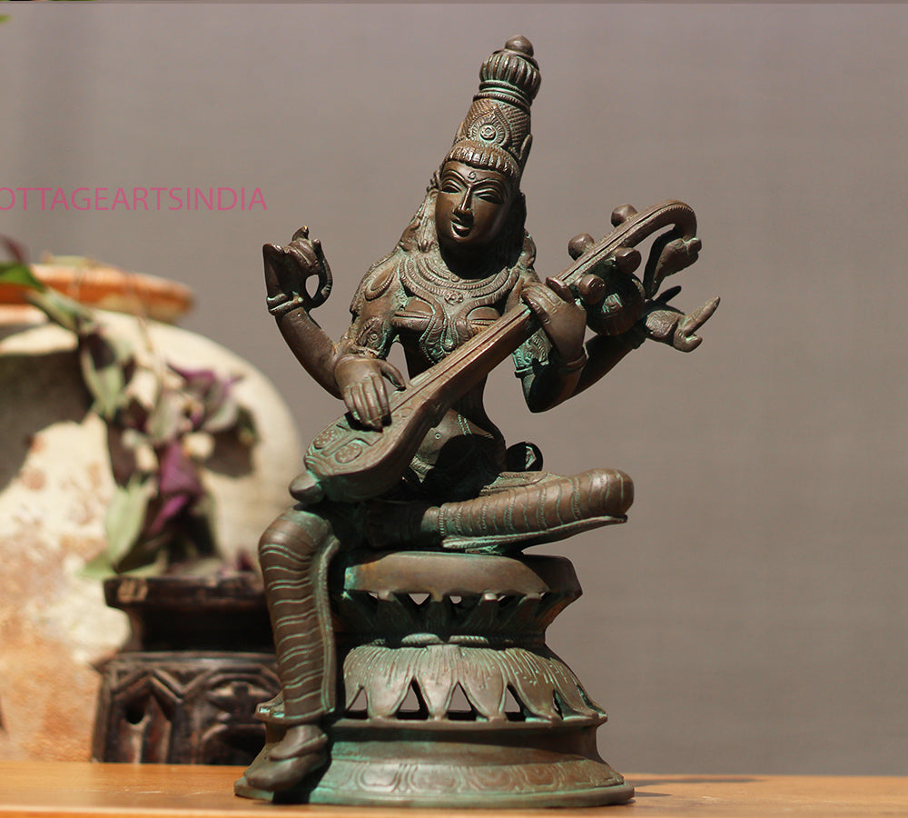 Brass Saraswati in Bronze Finish 13"