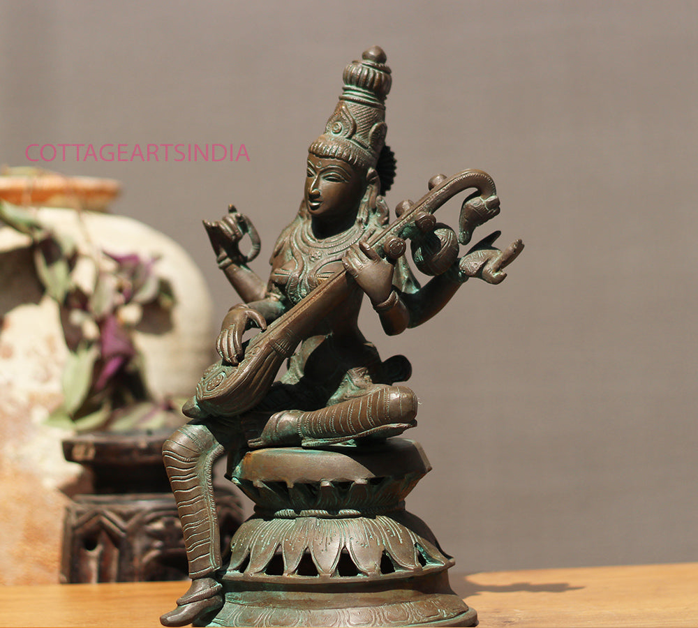 Brass Saraswati in Bronze Finish 13"