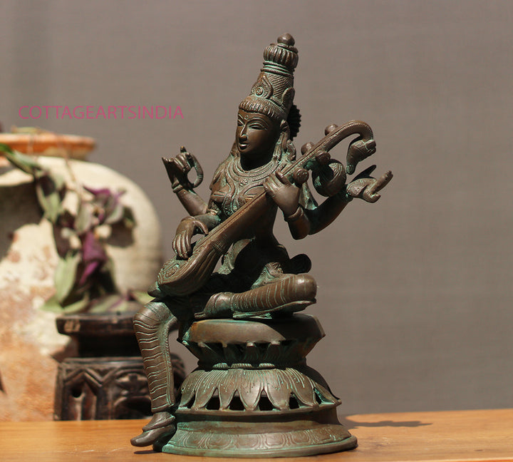 Brass Saraswati in Bronze Finish 13"