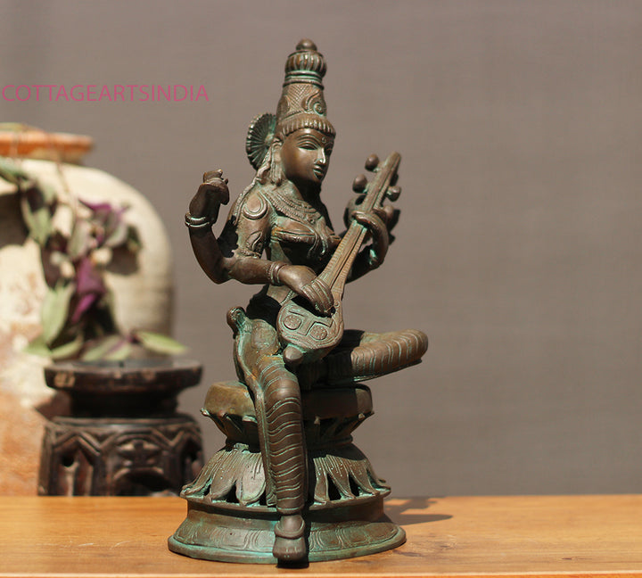 Brass Saraswati in Bronze Finish 13"