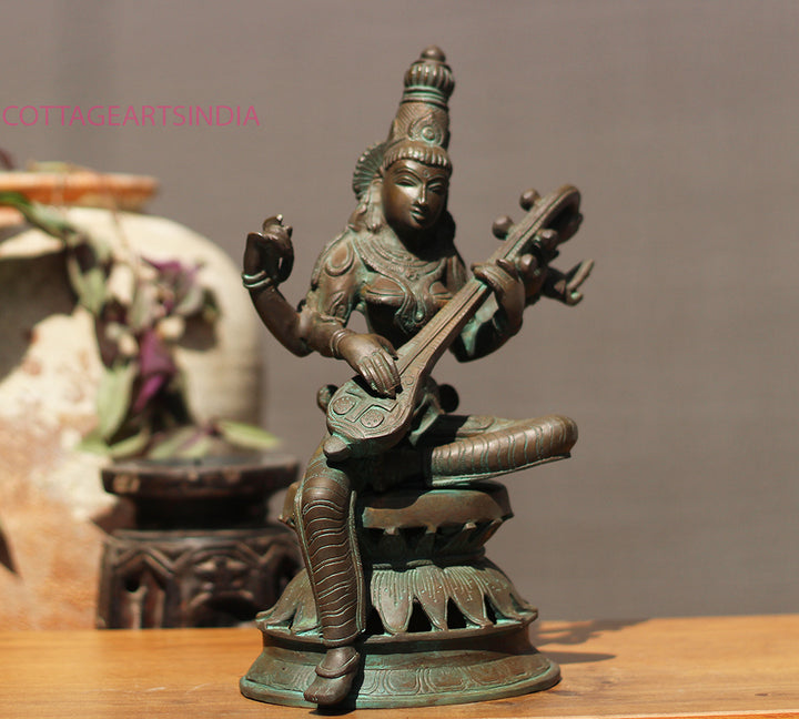 Brass Saraswati in Bronze Finish 13"