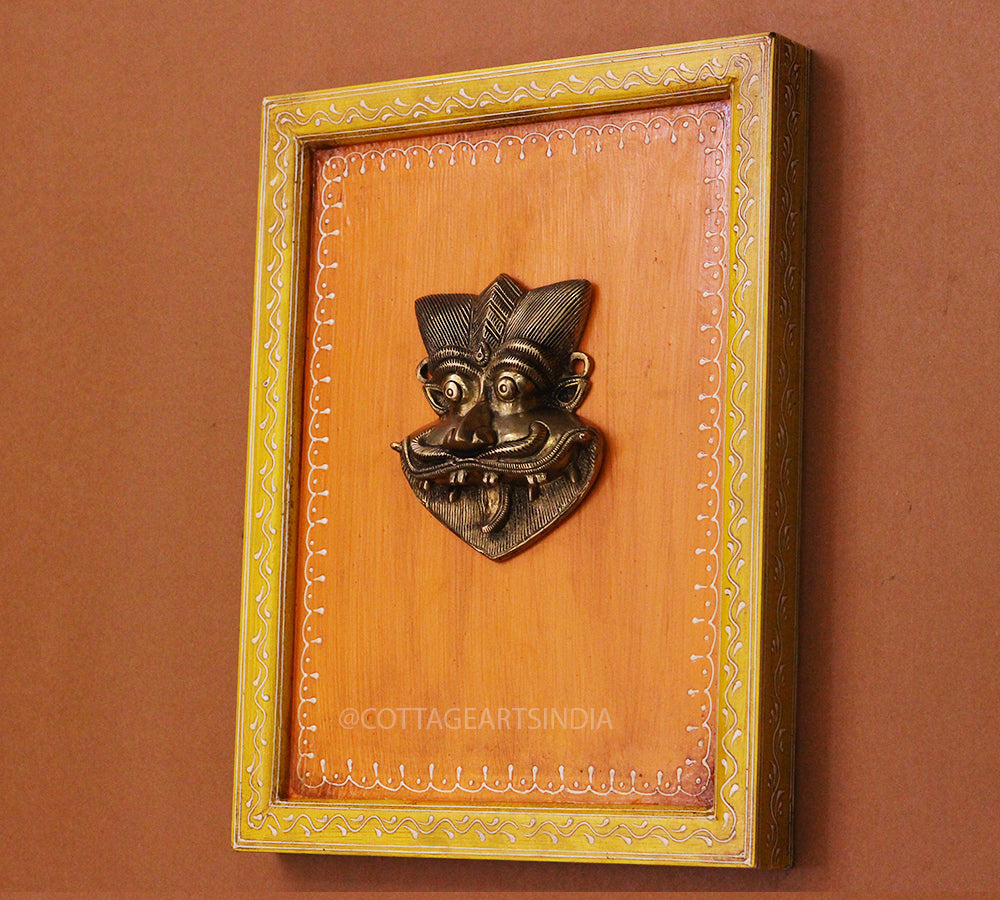 Brass Kirti Mukha Wall Mask Wooden Frame