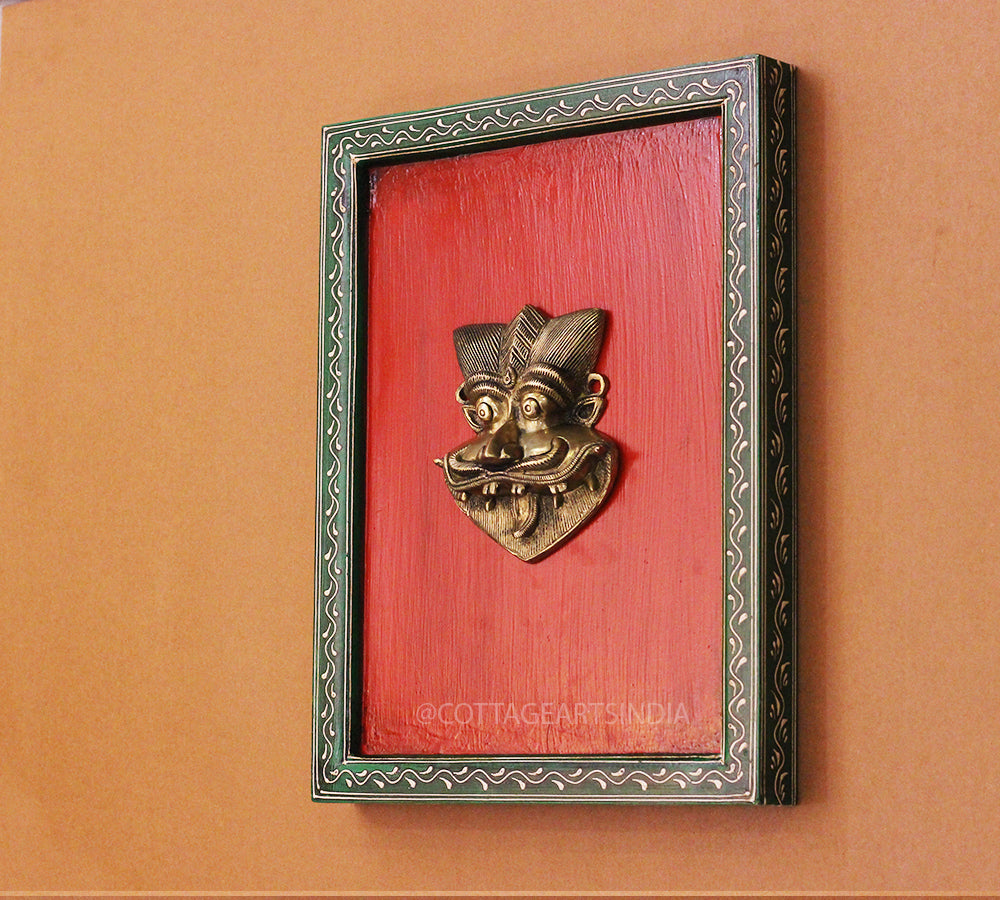 Brass Kirti Mukha Wall Mask Wooden Frame