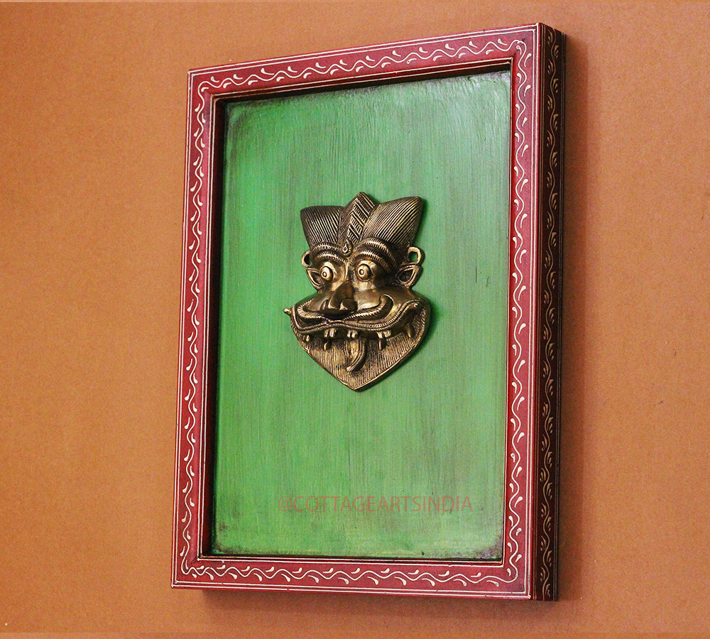 Brass Kirti Mukha Wall Mask Wooden Frame