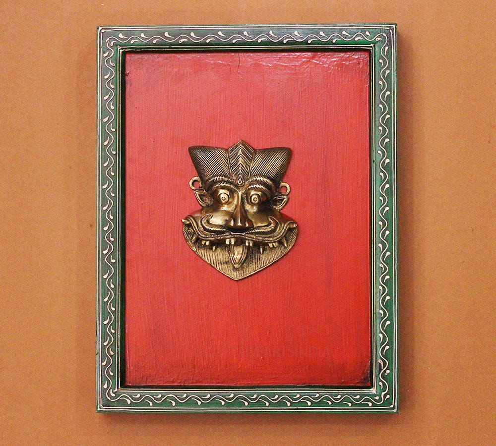 Brass Kirti Mukha Wall Mask Wooden Frame