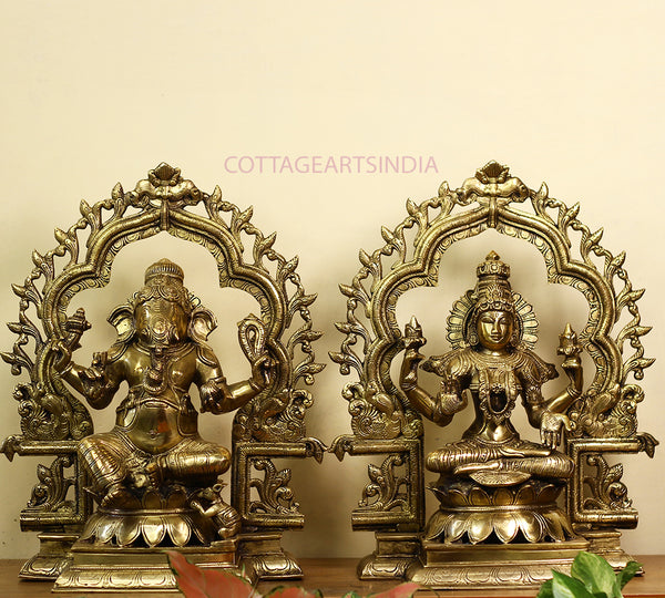 Brass Ganesh -Laxmi SuperFine With  Prabhawali 16"