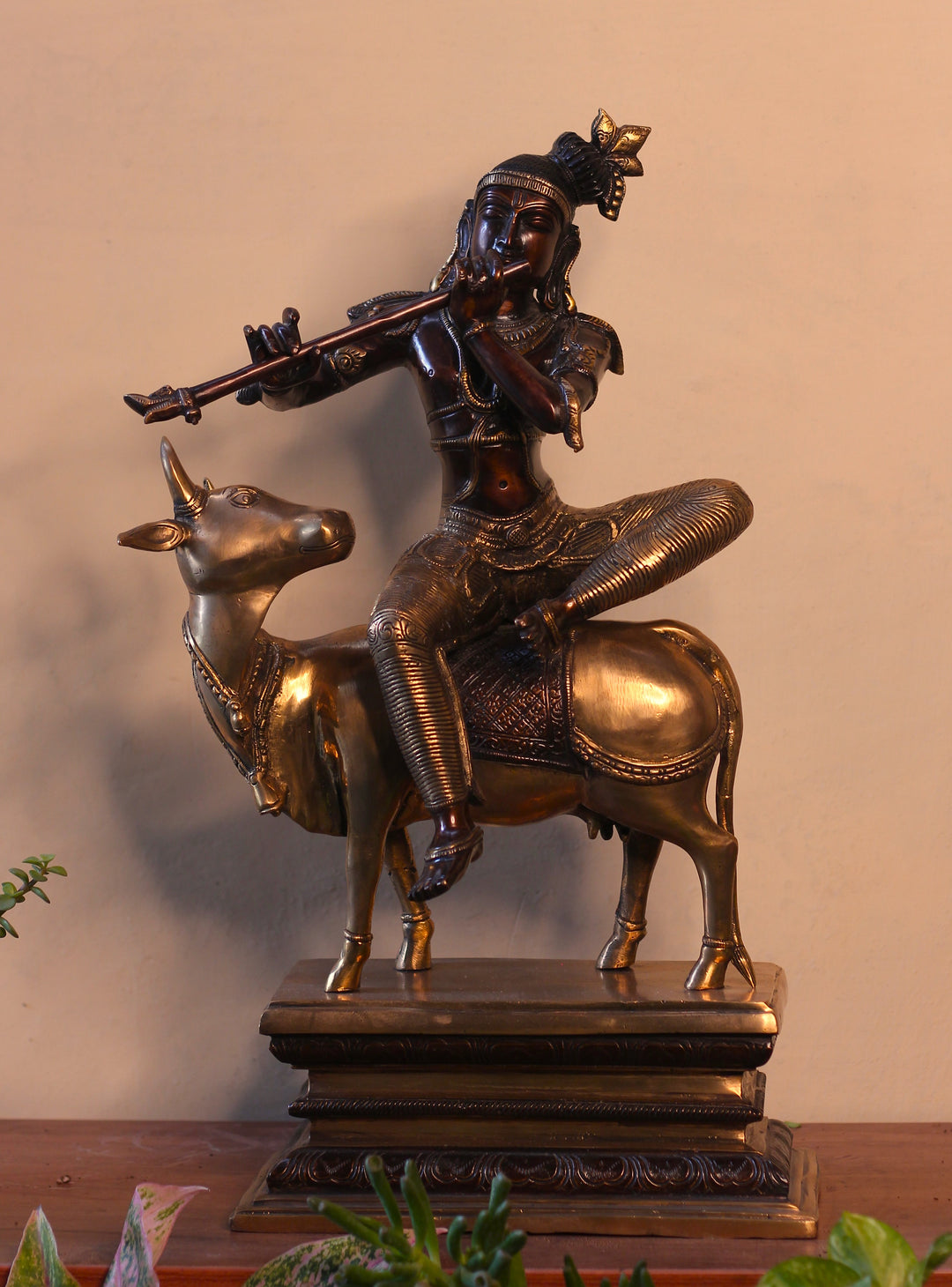 Brass Krishna Sitting On Cow 21”