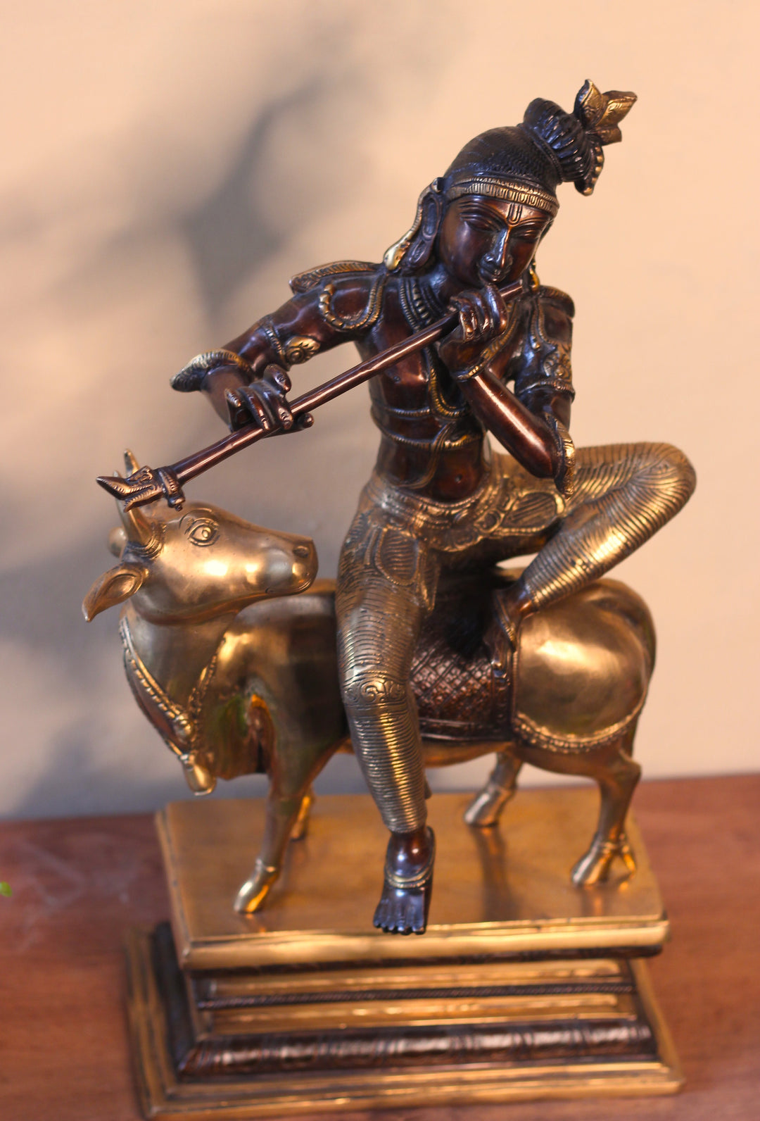 Brass Krishna Sitting On Cow 21”