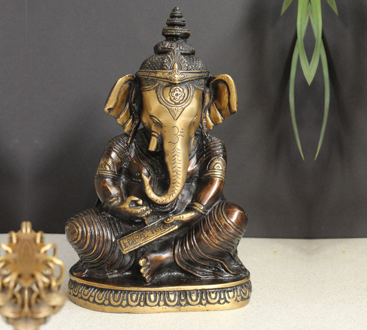 Brass Writing Ganesha 9.5''