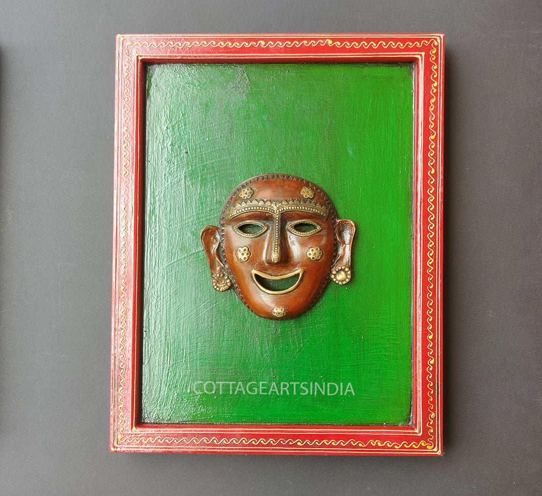 Brass Tribal Man Wall Mask Wooden Frame