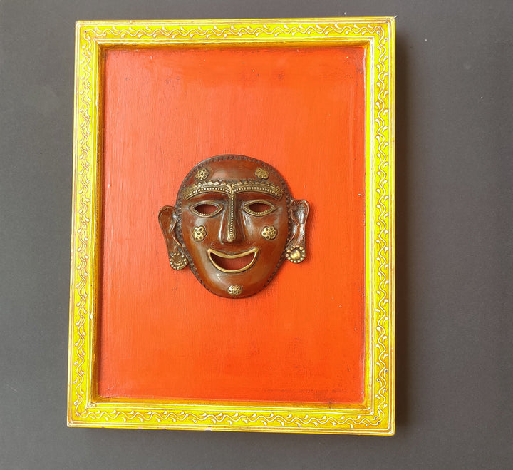 Brass Tribal Man Wall Mask Wooden Frame