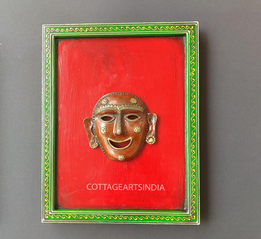 Brass Tribal Man Wall Mask Wooden Frame