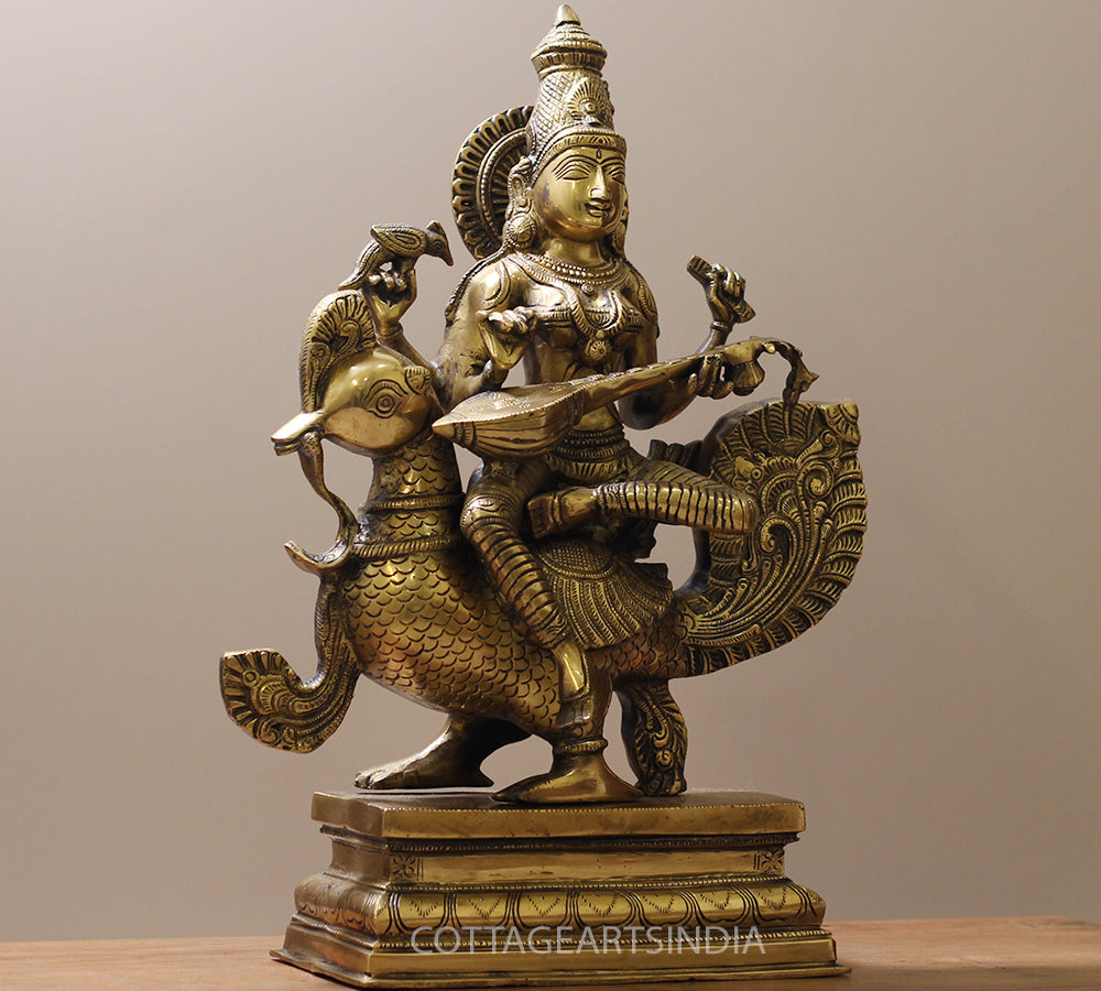 Brass Saraswati on Swan 20"